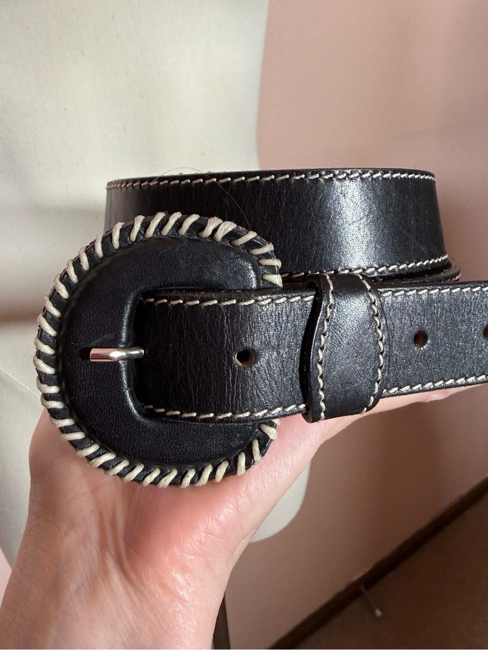 Vintage black leather southwestern whip stitched western belt large Made USA